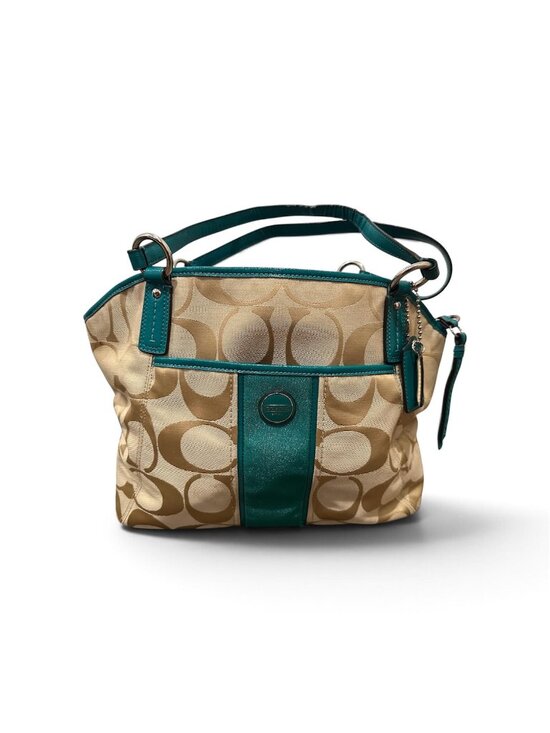 Coach Handbags - COACH Signature Stripe Zip Top Tote Khaki and Teal Canvas Bag F21899 Y2K